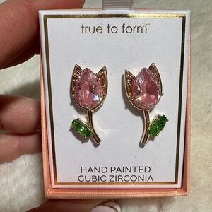 True to form tulip CZ hand painted post earrings